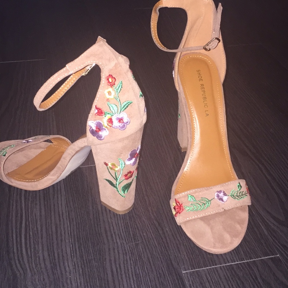 Lulu's Blush Pink Embroidered Block Heel Sandals